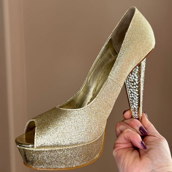 bebe Shoes - BeBe Gold Blingy Heels size 9
